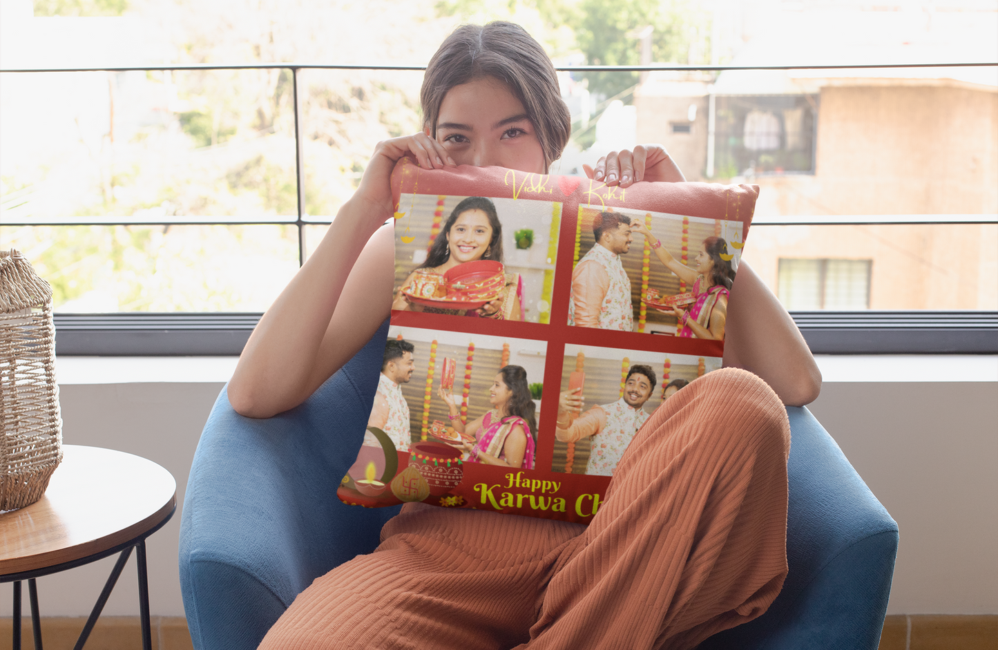 Happy Karwa Chauth Photo Collage Cushion | Karwa Chauth Gift