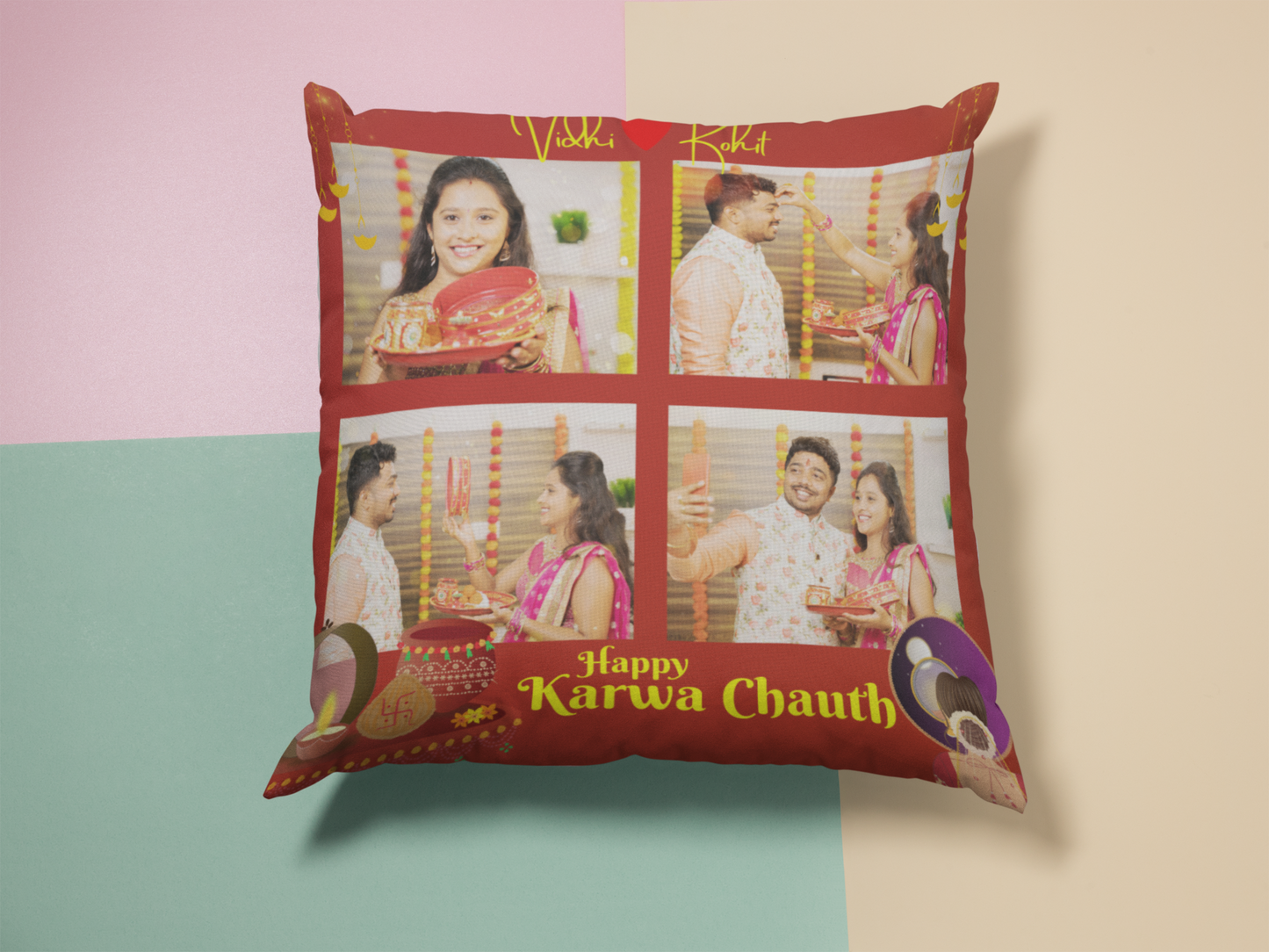 Happy Karwa Chauth Photo Collage Cushion | Karwa Chauth Gift